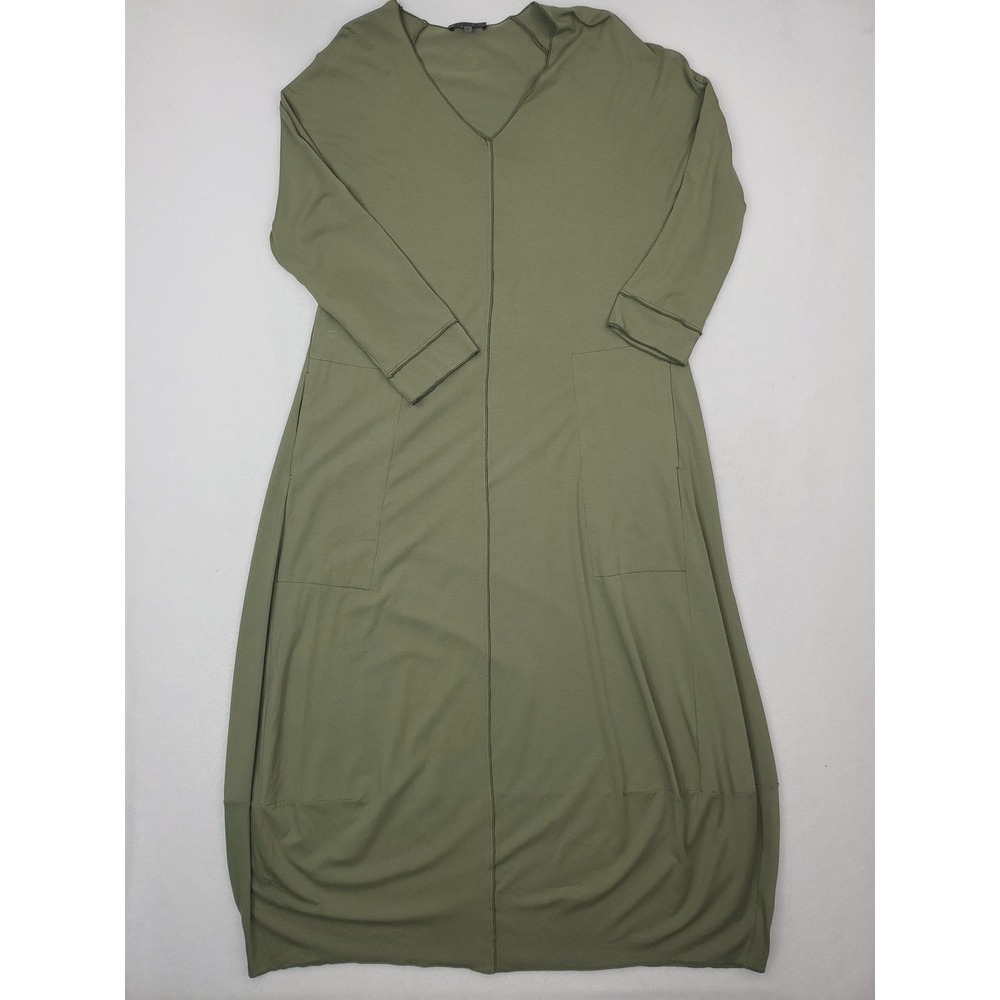 Oska Dress Womens 8 Size 2 Green‎ Lagenlook Maxi Long Sleeve V Neck Pockets